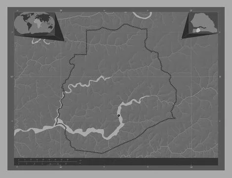 Sedhiou, Senegal. Bilevel elevation map with lakes and rivers Illustrazione stock