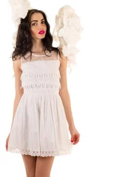 Seduction woman in white dress in the clouds Stock Photos