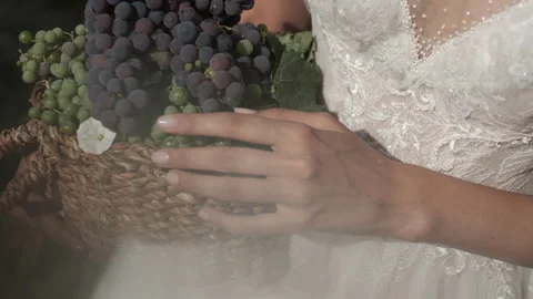 Seductive Bride In Vineyard With Basket Of Grapes. Girls Hands And Basket With Stock Footage 188982641
