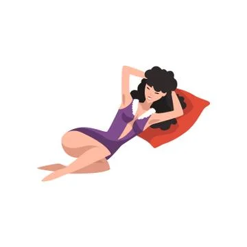 Seductive girl posing lying down on red pillow. Young pin-up model dressed in Stock Illustration