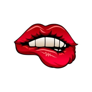 Seductive red female lips. Flat vector icon of woman s mouth with white teeth Stock Illustration