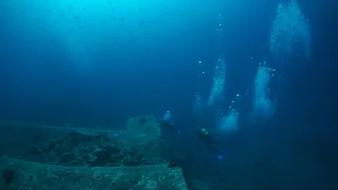 See intricate patterns and textures and divers SS Thistlegorm in slow motion. Stock Footage 235628937