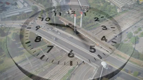 See-through clock dial rotating over highway with time passing cars moving on Stock Footage 333830092
