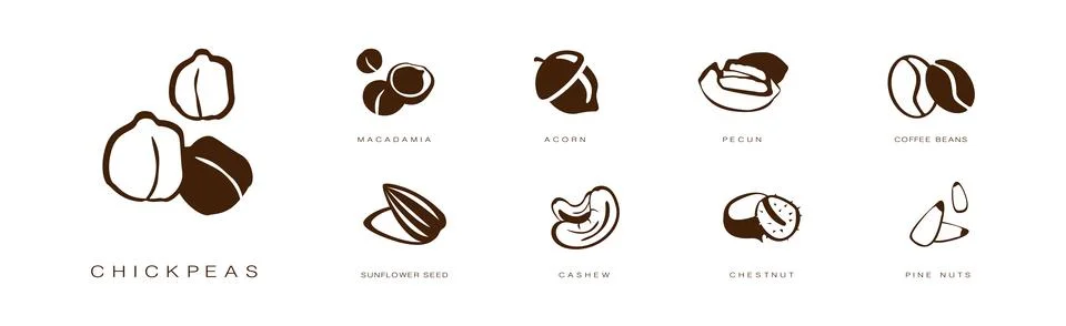 Seed and Nuts Brown Flat Icon with Name and Inscription Vector Set Illustrazione stock