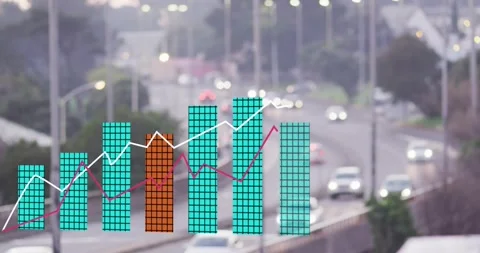 Seed graphic appearing lower-left, teal bars rising over road, white magenta Stock Footage 334034301