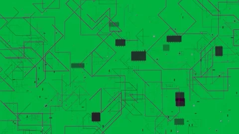 Seed magenta dots starting lines, linking chips and pulsing, showing network on Stock Footage 333630202