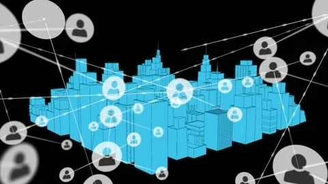 Seed nodes appearing, linking avatar icons, transforming cyan city into dense Vídeo Stock 334040503
