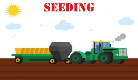 Seed planting process using a tractor and seeders. Illustrazione stock