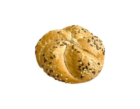 Seeded Kaiser roll bread multigrain sesame flax bakery bun isolated on tran.. 库存照片