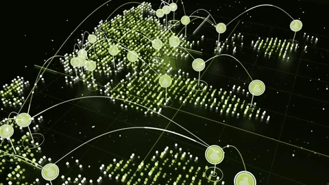 Seeding glowing nodes map forming columns over grid spawning markers linking Stock Footage 337964646