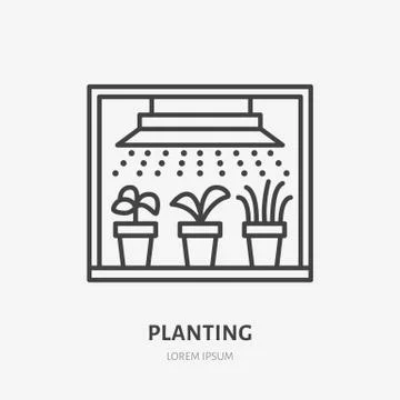 Seedling in grow light flat line icon. Plants growing in flowerpot sign. Thin Stock Illustration