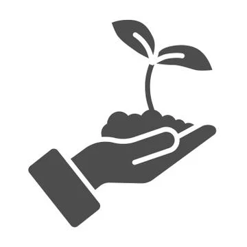 Seedling with two leaves in hand solid icon, gardening concept, Sprout symbol on Illustration