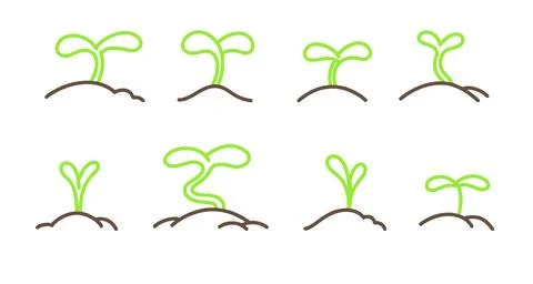 Seedlings in dirt heaps set. Vector color line illustration isolated on whi.. Stock Illustration