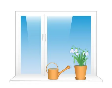 Seedlings in spring in pots stand on the windowsill, watering can. Young plants Stock Illustration