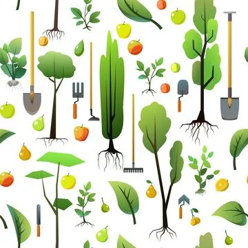 Seedlings of young trees with roots and garden tools. Garden plants. Fruit Stock Illustration