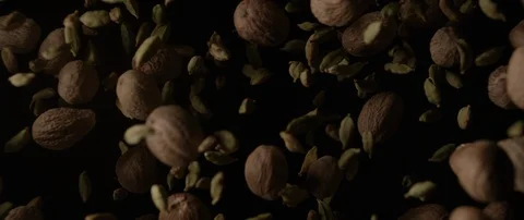 Seeds and nuts fly from darkness into the camera Stock Footage 106008660