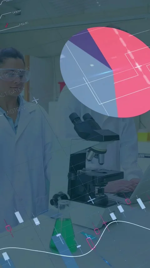Seeing data overlays lab partners donning goggles leaning at microscope bench Stock Footage 330542999