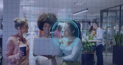 Seeing DATA PROTECTION appearing 3 women in office leaning checking laptop and Stock Footage 331833181