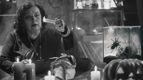 Seer doing magic divination by candle wax on water Stock Footage 136884624