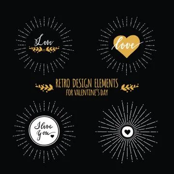 Seet of retro design elements with sunbursts and hearts for Valentines Day Illustrazione stock