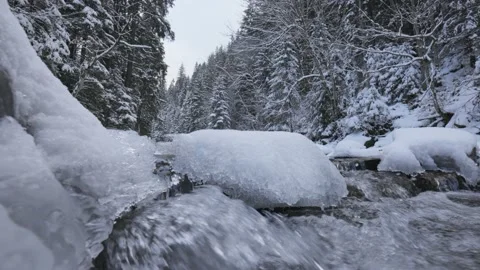 Seething winter river with chunks of ice in snowy forest. Winter nature Stock Footage 160041921