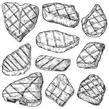 Sef of grilled meat steaks. Vector illustration. Isolated on white. Hand-drawn. Stock Illustration