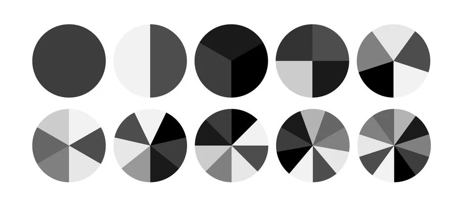 Segment infographic. Pie chart icons. 2,3,6,10,20 circle section graph. Wheel Stock Illustration