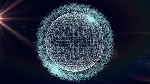 Segmented ball rotating in a cloud of color-changing particles Stock Footage 149674158