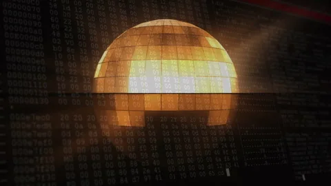 Segmented digital sphere floating in 3D data matrix, showing glowing tiles and Stock Footage 307859148