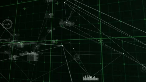 Segmented HUD assembling and rotating after green grid loading sending lines Stock Footage 312098731