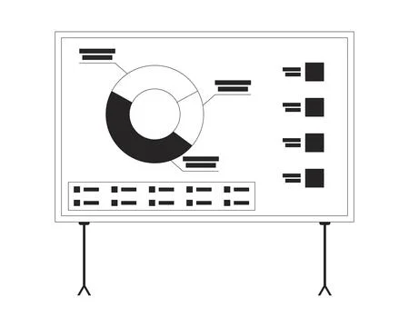 Segmented pie chart on presentation board black and white 2D line object Illustrazione stock