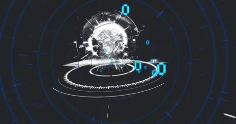 Segmented ring rotating, particles forming holo globe while binary digits orbit, Stock Footage 329910335