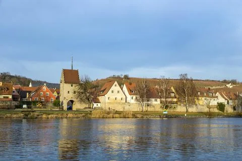 Segnitz with reflection in river Main Stock Photos