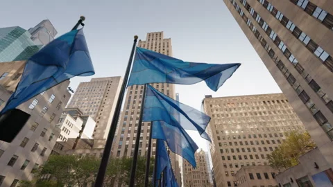 Seigaiha Blue Wave Flags at Rockefeller Center, New York City Stock Footage 342406316