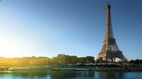 Seine in Paris with Eiffel tower in autumn time Stock Footage 94328170