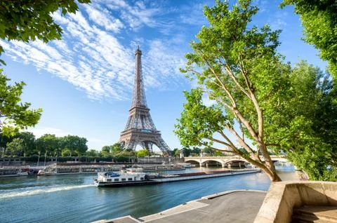 Seine in Paris with Eiffel Tower on sunrise Stock Photos