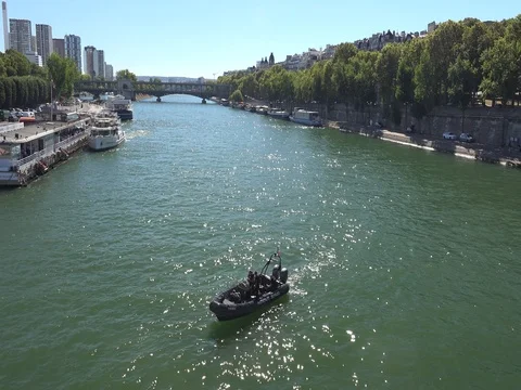 Seine river and view from Pont d'Iena, Paris, France and police french boat Stock Footage 78282544
