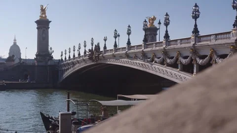 Seine river, bridge and Paris cityscape, pan left view Stock Footage 254056257