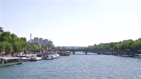Seine River with Eiffel Tower and boats in Paris, June 14 2025 Stock Footage 311321589