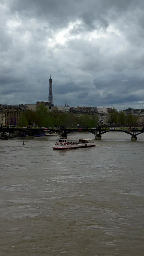 Seine river in flood with tour Eiffel in background. vertical video 库存影片 274251271