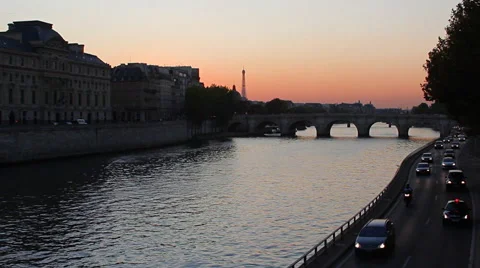 Seine River in Paris with Eiffel Tower and Traffic at Sunset Stock Video Stock Footage 46725430