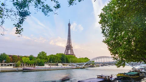 Seine River Sunset with Eiffel Tower Timelapse, Paris, France, August 17, 2026 Stock Footage 342758788
