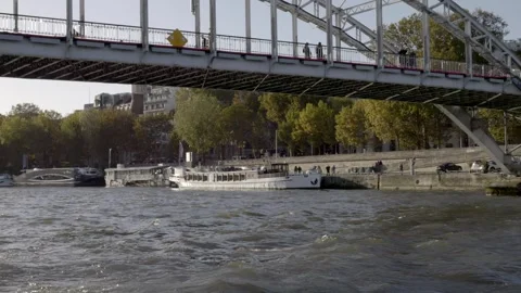 Seine river view. Iron bridge. City of Paris. Super slow motion.Video 4K Stock Footage 256970368