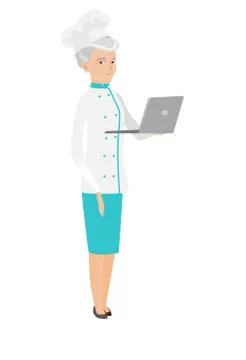 Seinor caucasian chef cook using a laptop. Stockillustratie