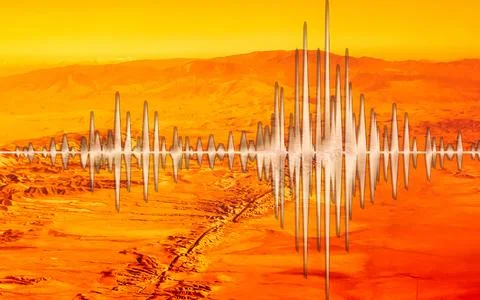 Seismic wave visualization over a desolate rocky landscape with mountain ba.. Stock Photos