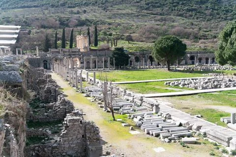 Selcuk, Izmir, Turkey - columns of Memmius Monument in Ephesus ruins, histori Stock Photos
