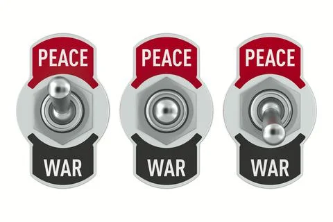 Select between peace and war. Toggle switch on white background. Isolated 3D  Illustrazione stock