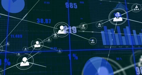 On select central node pulsing, radiating links across business grid showing Stock Footage 334034199