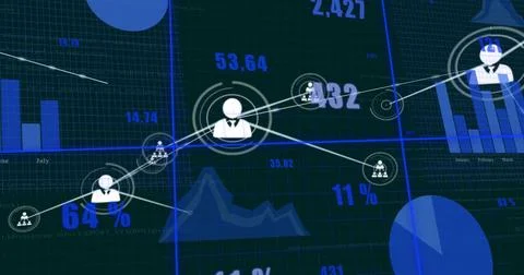 On select central node pulsing, radiating links across business grid showing Stock Illustration