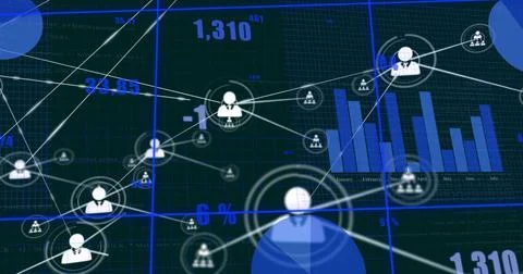On select central node pulsing, radiating links across business grid showing Stock Illustration